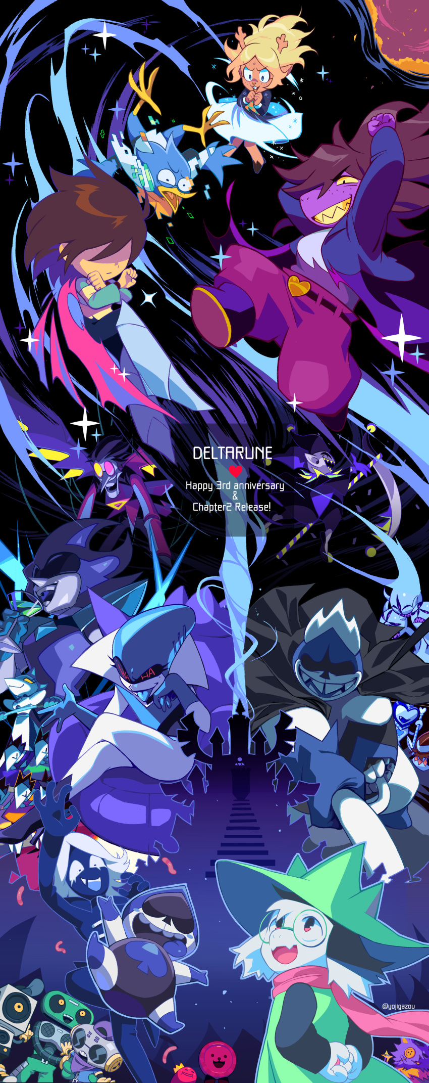 6+boys 6+girls 6+others absurdres androgynous animal_ears anniversary antlers armored_boots arms_behind_back artist_name beak berdly_(deltarune) bird_boy black_eyes blonde_hair blue_skin blue_tongue blush_stickers body_fur boots brown_hair buck_teeth button_eyes buttons c._round cap'n_(deltarune) cape castle clover_(deltarune) cocktail_glass colored_sclera colored_skin colored_tongue commentary_request copyright_name crossed_legs cup deer_girl deltarune diffraction_spikes digital_dissolve drinking_glass everyone fangs fewer_digits freckles furry giga_queen_(deltarune) glasses gloves hat hathy_(deltarune) heart heterochromatic_eyewear highres hooves horns jester_cap jevil k_k_(deltarune) king_(deltarune) kris_(deltarune) lancer_(deltarune) long_hair looking_up mole mole_under_eye multiple_boys multiple_girls multiple_others no_eyes no_pupils noelle_holiday nubert_(deltarune) one-eyed open_mouth pointy_ears pointy_nose purple_hair purple_skin queen_(deltarune) ralsei rayman_limbs round_eyewear rouxls_kaard rudinn_(deltarune) scarf scythe seam_(deltarune) sharp_teeth short_hair sitting snout spade_(shape) spamton_g._spamton spamton_neo sunglasses susie_(deltarune) swatchling_(deltarune) sweet_(deltarune) tasque_manager_(deltarune) teeth text_in_eyes the_original_starwalker tongue tongue_out transformation white_hair wings worm x_arms yellow_eyes yellow_sclera yellow_skin yojio_(2188)