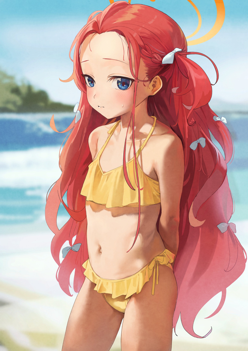 absurdres alternate_costume arms_behind_back bikini blue_archive blue_eyes blurry blurry_background blush breasts collarbone dorontabi female hair_ribbon halo highres looking_at_viewer navel red_hair ribbon small_breasts solo swimsuit yuzu_(blue_archive)