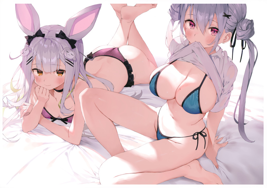 2girls absurdres animal_ears arm_support ass bare_legs bare_shoulders barefoot bed_sheet bikini black_bow blonde_hair blue_bikini blunt_bangs blush border bow breasts brown_eyes choker cleavage clothes_lift collarbone colored_inner_hair curly_hair double_bun feet_out_of_frame fingernails frills full_body gaou_(umaiyo_puyoman) hair_between_eyes hair_bun hair_ornament hairbow hairclip head_rest highres hourei_tenten indie_virtual_youtuber large_breasts legs_up lifting_own_clothes long_hair looking_at_viewer lying medium_breasts mochizuki_himari mole mole_on_breast mole_under_eye mouth_hold multicolored_hair multiple_girls navel on_stomach purple_bikini purple_eyes rabbit_ears scan shirt_lift short_sleeves side-tie_bikini_bottom simple_background sitting skindentation soles swimsuit the_pose thighs twintails uni_create virtual_youtuber white_background white_border white_hair x_hair_ornament