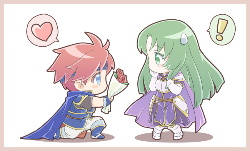 ! 1boy armor blue_cape blue_eyes blue_headband blush border bouquet cape cecilia_(fire_emblem) chibi confession female fire_emblem fire_emblem:_the_binding_blade flower green_eyes green_hair ham_pon headband heart long_hair looking_at_another on_one_knee pink_border purple_cape red_flower red_hair red_rose rose roy_(fire_emblem) speech_bubble spoken_exclamation_mark spoken_heart straight sweatdrop white_background