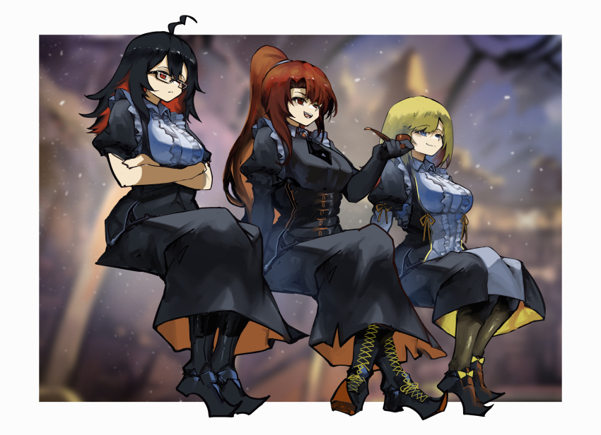 3girls absurdres ahoge alternate_costume arm_support black_dress black_hair black_jacket black_legwear black_skirt blonde_hair blue_eyes blurry boots border breasts brown_eyes brown_hair castle closed_mouth colored_inner_hair cross-laced_footwear crossed_arms crossed_legs depth_of_field dress enma-chan floating frilled_shirt frills glasses halloween halloween_costume high_ponytail highres holding holding_smoking_pipe hololive hololive_english invisible_chair j-chad jacket jenma-chan long_hair medium_breasts multicolored_hair multiple_girls night night_sky open_clothes open_jacket open_mouth outdoors pantyhose shirt sitting skirt sky smoking_pipe very_long_hair virtual_youtuber vyragami white_border