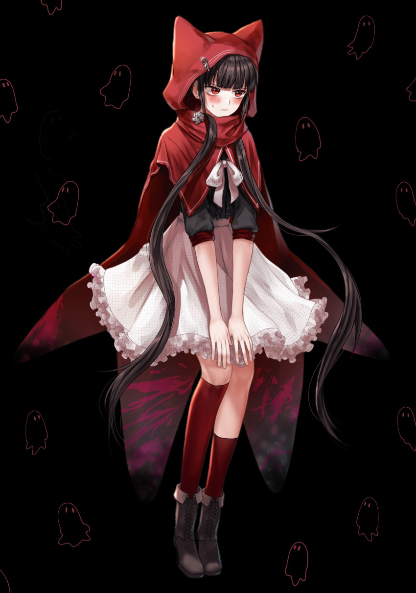 animal_ears asymmetrical_legwear bad_id bad_twitter_id black_background black_shirt blush bow bowtie brown_footwear brown_legwear cape commentary_request danganronpa_(series) danganronpa_v3:_killing_harmony fake_animal_ears female frilled_skirt frills full_body ghost_print harukawa_maki highres hood hood_up hooded_cape kneehighs korean_commentary long_hair low_twintails plaid plaid_skirt porary red_cape red_socks shirt shoes skirt socks solo sweatdrop twintails white_bow white_skirt