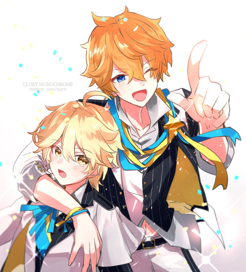 2boys aether_(genshin_impact) blonde_hair blue_eyes genshin_impact hair_between_eyes highres idol idol_clothes male_focus multiple_boys norun_(ru-on) one_eye_closed open_mouth orange_hair shirt short_hair smile tartaglia_(genshin_impact) white_background yellow_eyes