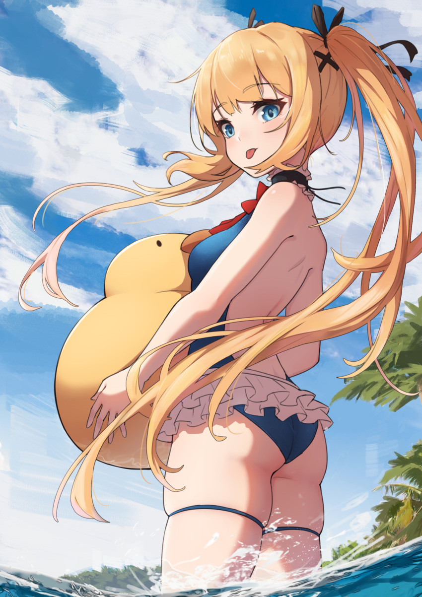 ass bare_back bare_shoulders black_ribbon blonde_hair blue_eyes blue_one-piece_swimsuit bow breasts commentary_request day dead_or_alive dead_or_alive_5 elach female frilled_one-piece_swimsuit frills from_below from_side hair_ornament hair_ribbon highres holding long_hair looking_at_viewer marie_rose marie_rose_(devilish_servant_against_the_splashing_waves) one-piece_swimsuit outdoors palm_tree red_bow ribbon skindentation sky smile solo swimsuit thigh_strap tongue tongue_out tree twintails wading water x_hair_ornament