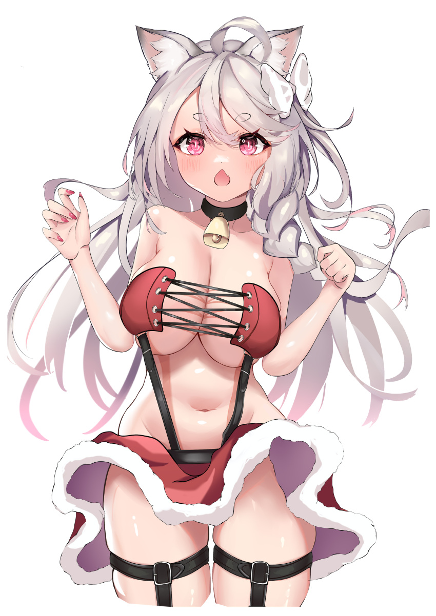 absurdres ahoge animal_ears azur_lane bell blush braid breasts chestnut_mouth choker cowbell cropped_legs dog_ears dog_girl female fur_trim grey_hair groin highres hikimayu kizu_(8423) large_breasts long_hair miniskirt navel neck_bell oerba_yun_fang pink_eyes red_nails side_braid simple_background skin_fang skirt solo thigh_strap very_long_hair white_background yuudachi_(azur_lane) yuudachi_(woofy_floofy_christmas_night)_(azur_lane)