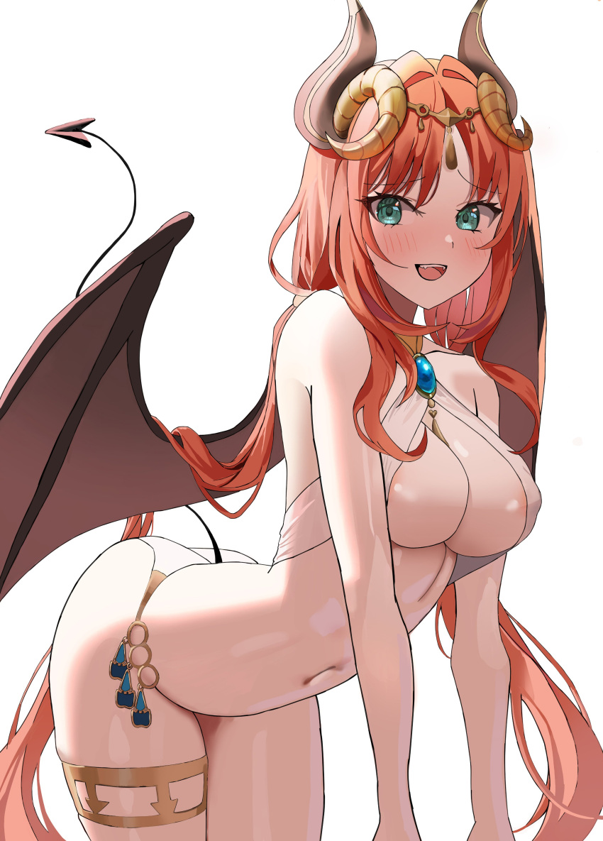 absurdres all_fours areola_slip bare_shoulders breasts brown_tail brown_wings circlet covered_nipples curled_horns demon_girl demon_horns demon_tail demon_wings espresso_1004 female genshin_impact gold_trim highres horns jewelry large_wings long_hair looking_at_viewer medium_breasts multiple_horns navel nilou_(genshin_impact) open_mouth red_hair simple_background smile solo stomach tail thighlet twintails white_background wings