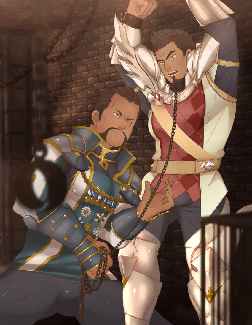 2boys absurdres arms_up bara bound bound_wrists brown_hair bulge chained chains collar commission covered_nipples cuffs dark-skinned_male dark_skin facial_hair feet_out_of_frame goatee hair_slicked_back handcuffs highres landon_(tales_of_zestiria) looking_at_another male_focus mature_male metal_collar multiple_boys muscular muscular_male pectorals rapbitan scar scar_across_eye sergei_strelka short_hair sideburns spiked_hair tales_of_(series) tales_of_zestiria yaoi