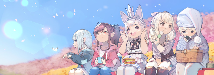 5girls absurdres animal_ears blonde_hair blue_eyes brown_eyes brown_hair bug butterfly cherry_blossoms commission crown dango day dress fake_animal_ears final_fantasy final_fantasy_xiv food grey_eyes grey_hair hanami hat heterochromia hide_(hideout) highres jacket lalafell long_hair mini_crown multiple_girls off_shoulder onigiri open_clothes open_jacket original outdoors picnic picnic_basket pointy_ears ponytail sandwich sanshoku_dango short_hair sitting skeb_commission smile wagashi warrior_of_light_(ff14)