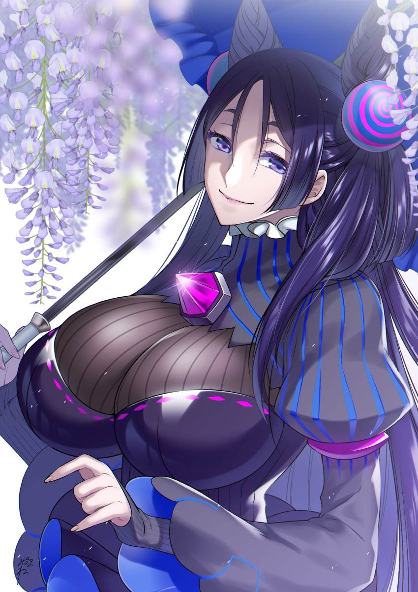 absurdres black_dress breasts closed_mouth commentary_request cone_hair_bun cosplay double_bun dress fate/grand_order fate_(series) female flower frills hair_between_eyes hair_bun hair_ornament highres large_breasts long_hair long_sleeves looking_at_viewer minamoto_no_raikou_(fate) murasaki_shikibu_(fate) murasaki_shikibu_(fate)_(cosplay) parted_bangs puffy_sleeves purple_eyes purple_hair smile solo suzuki_nene umbrella very_long_hair white_background wisteria