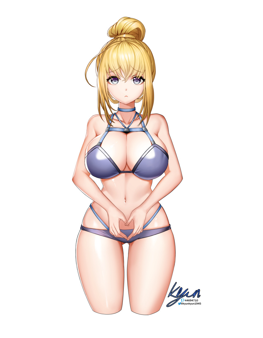 :< absurdres artist_name bikini blonde_hair blue_eyes breasts cleavage cropped_legs female habetrot_(last_origin) hair_between_eyes hair_bun highres korean_commentary kyunkyun1945 large_breasts last_origin navel official_alternate_costume pout signature simple_background single_hair_bun solo swimsuit twitter_username white_background wide_hips