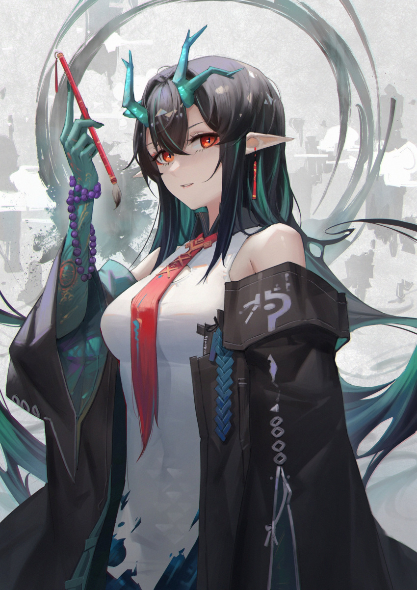 absurdres antlers areaaaron arknights bead_bracelet beads black_coat black_hair bracelet breasts calligraphy_brush coat colored_skin dusk_(arknights) earrings female fingernails green_hair green_skin hair_between_eyes hand_up highres holding horns jewelry korean_commentary large_breasts long_hair long_sleeves looking_at_viewer necktie off-shoulder_coat off_shoulder open_clothes open_coat paintbrush parted_lips pointy_ears prayer_beads red_eyes red_necktie shirt sleeveless sleeveless_shirt smile solo white_shirt wide_sleeves