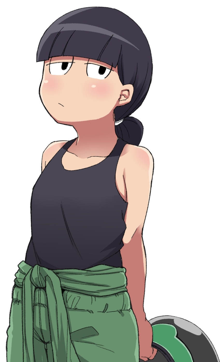 black_eyes black_hair blush breasts closed_mouth expressionless female helmet highres hisone_to_masotan kaauchi kinutsugai_ririko long_hair looking_at_viewer motorcycle_helmet sanpaku simple_background solo tank_top white_background