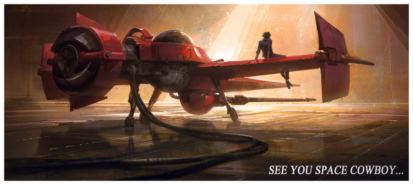 1boy afro black_hair border cable cannon commentary cowboy_bebop english_commentary english_text from_behind making-of_available male_focus mitch_mohrhauser on_vehicle photoshop_(medium) refueling science_fiction sitting sleeves_rolled_up solo spacecraft spike_spiegel starfighter swordfish_ii white_border