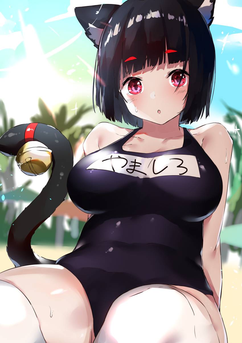 :o absurdres animal_ears azur_lane bare_shoulders black_hair breasts cat_ears cat_tail collarbone commentary cotton_kanzaki female highres large_breasts looking_at_viewer mismatched_eyebrows official_alternate_costume parted_lips pink_eyes school_swimsuit short_hair solo sunlight sweat swimsuit tail thick_thighs thighhighs thighs white_thighhighs yamashiro_(azur_lane) yamashiro_(summer_offensive?)_(azur_lane)