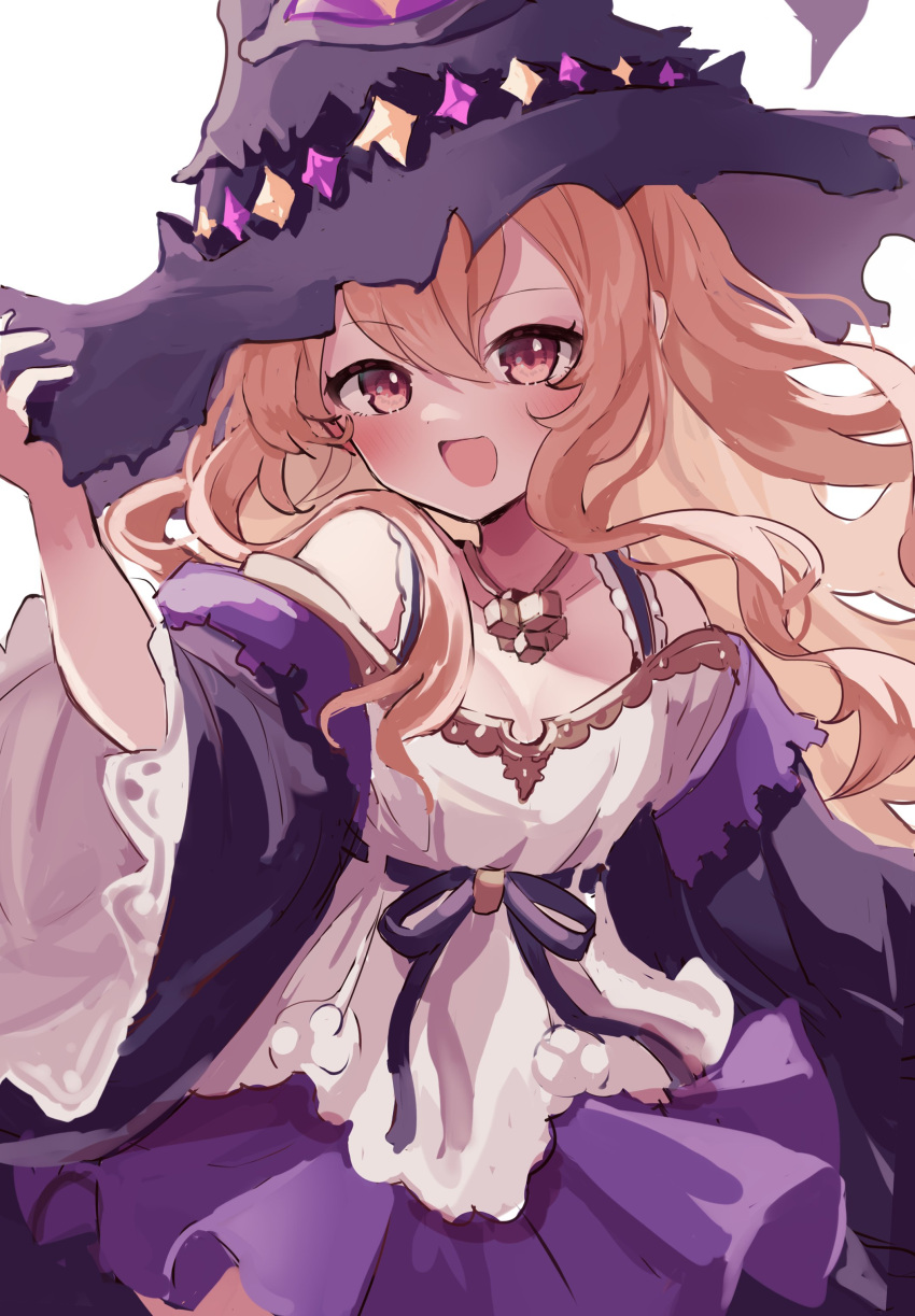 :d absurdres bare_shoulders black_hat blonde_hair blush breasts cleavage cowboy_shot detached_sleeves dorothy_(shingeki_no_bahamut) female gold_trim hair_between_eyes hand_on_headwear hat highres jewelry karunabaru long_hair looking_at_viewer necklace open_mouth pink_eyes purple_ribbon purple_skirt purple_sleeves ribbon shadowverse shingeki_no_bahamut shirt simple_background skirt small_breasts smile solo standing wavy_hair white_background white_shirt wide_sleeves witch_hat