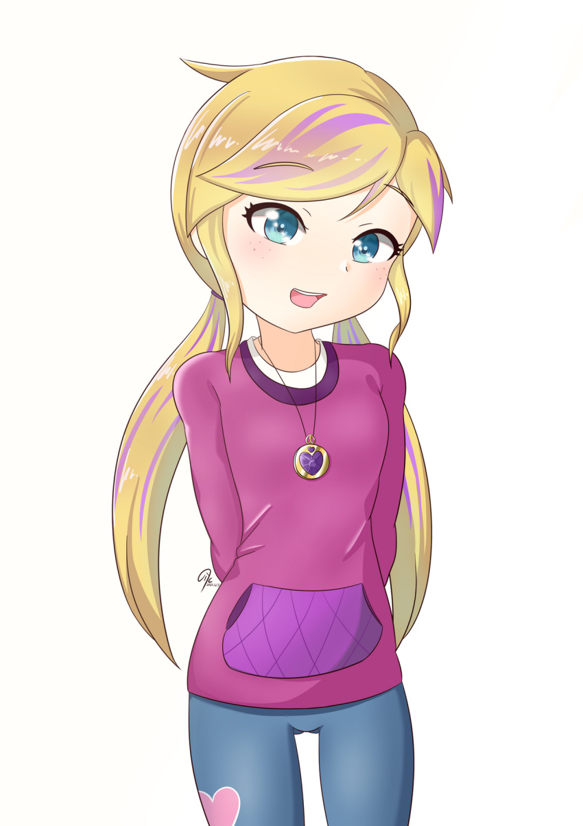 :d ass_visible_through_thighs blonde_hair blue_eyes breasts denim female highres hood hoodie jeans jewelry locket lolicon multicolored_hair necklace pants pendant petite polly_pocket polly_pocket_(character) purple_hair skinny small_breasts smile solo teenage thigh_gap tight tight_pants twintails undershirt zoxriver503