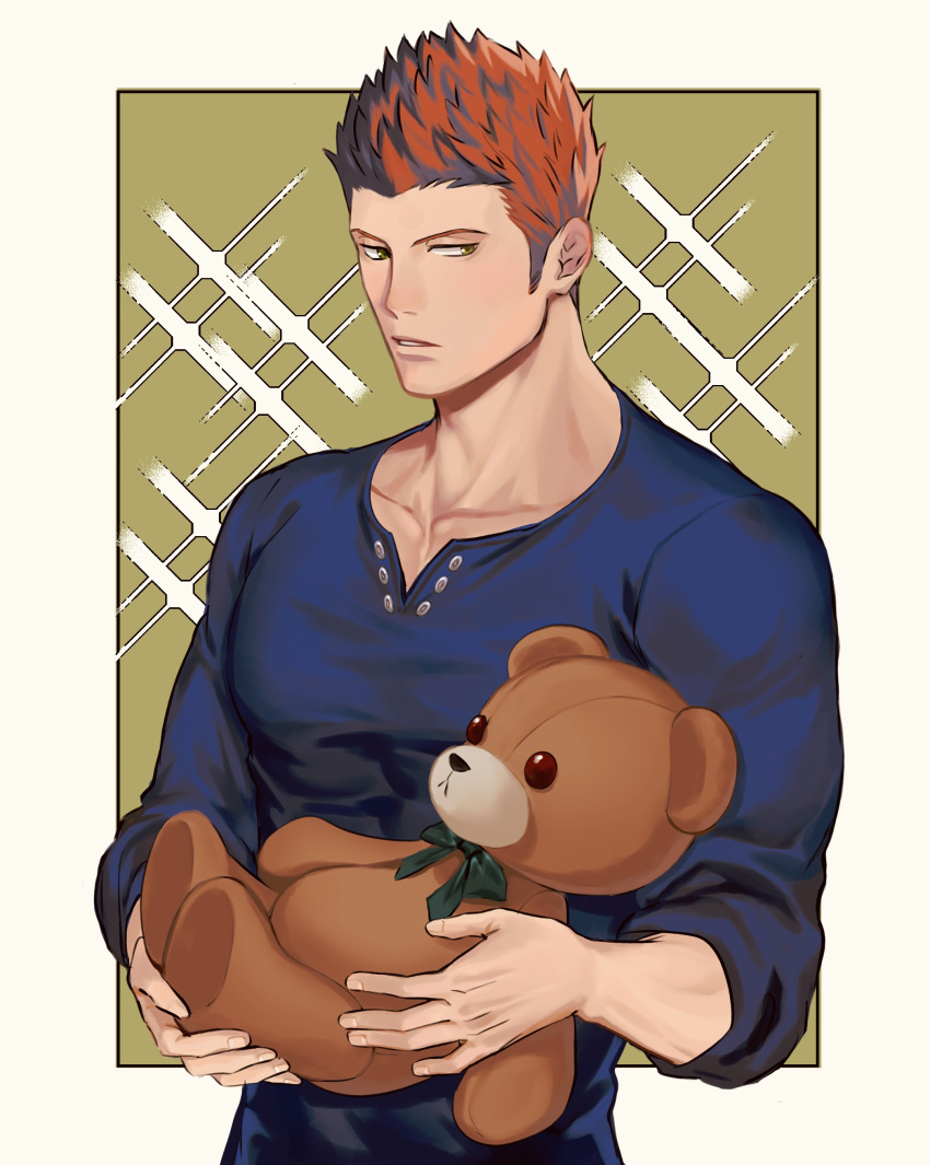 1boy absurdres bara blue_hair blue_shirt collarbone gradient_hair highres holding holding_stuffed_toy kizaki_reiji long_sideburns male_focus multicolored_hair muscular muscular_male pectorals red_hair shirt short_hair sideburns solo spiked_hair stuffed_animal stuffed_toy syo_chikubai teddy_bear tight_clothes tight_shirt two-tone_hair upper_body world_trigger