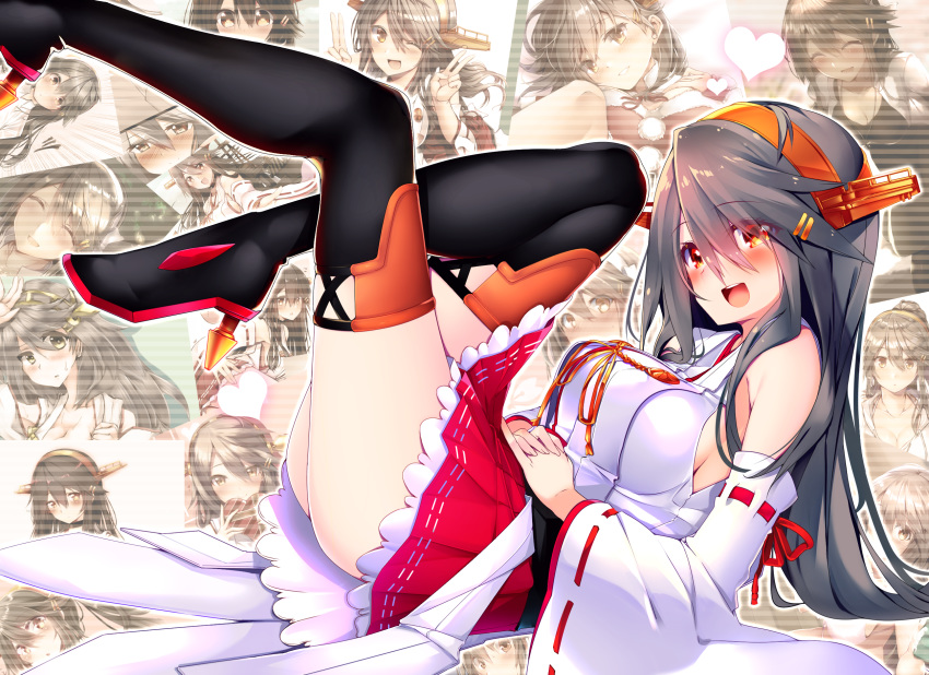 :d anniversary bare_shoulders black_footwear blush boots breasts brown_eyes commentary_request female from_side grey_hair hair_between_eyes hair_ornament hairclip haruna_(kancolle) haruna_kai_ni_(kancolle) headgear high_heel_boots high_heels highres kantai_collection large_breasts legs_up long_hair looking_at_viewer lying nontraditional_miko on_back open_mouth pleated_skirt red_skirt ribbon-trimmed_sleeves ribbon_trim skirt smile solo thigh_boots thighhighs tsukui_kachou