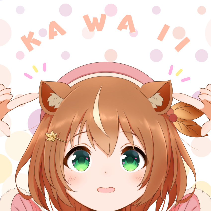 animal_ear_fluff animal_ears ayunda_risu ayunda_risu_(1st_costume) beret blush brown_hair embarrassed female green_eyes hair_between_eyes hair_ornament hairclip hat highres hololive hololive_indonesia leaf_hair_ornament looking_up multicolored_hair nogi_(nogi238) notice_lines open_mouth pink_hat pointing pointing_at_self portrait romaji_text short_hair solo squirrel_ears squirrel_girl streaked_hair virtual_youtuber