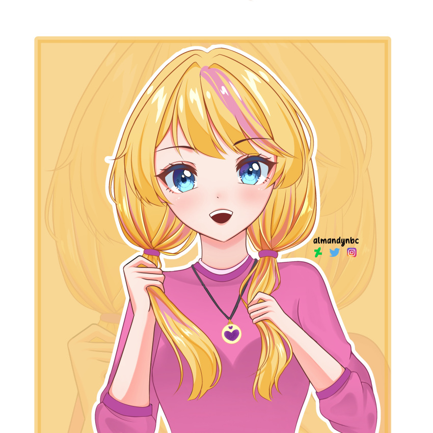 :d absurdres almandynbc blonde_hair blue_eyes breasts female happy highres holding holding_own_hair ibispaint_(medium) jewelry locket long_sleeves multicolored_hair necklace pendant pink_hair pink_shirt polly_pocket polly_pocket_(character) shirt small_breasts smile streaked_hair teenage twintails username_tag yellow_background