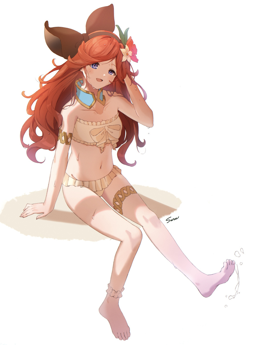 absurdres bandeau barefoot bikini blue_eyes bow_hairband breasts character_name cleavage detached_collar female flower full_body granblue_fantasy groin hair_flower hair_ornament hairband hand_in_own_hair highres koishi_(kiwi0314) long_hair looking_at_viewer navel open_mouth red_hair sara_(granblue_fantasy) sitting small_breasts smile solo swimsuit thigh_strap wet