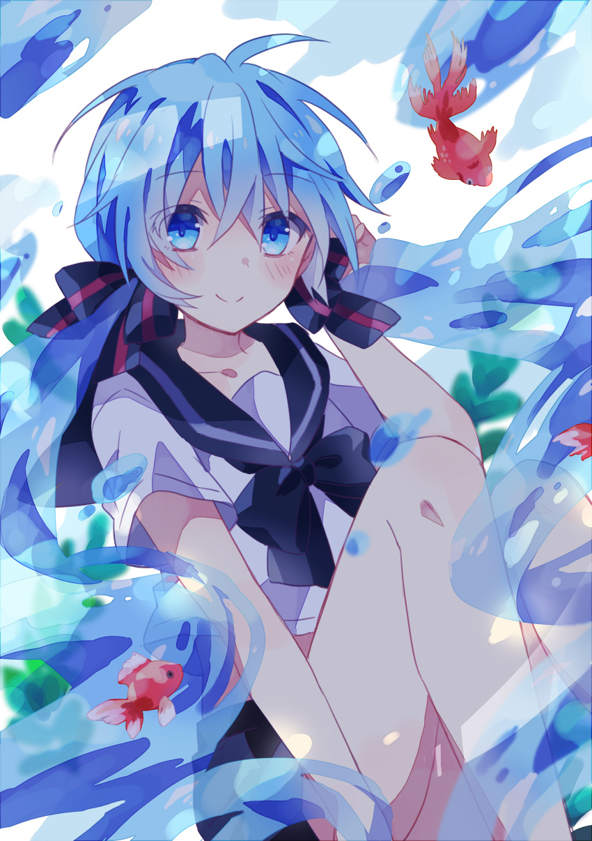 absurdres animal black_bow black_sailor_collar black_skirt blue_eyes blue_hair blush bottle_miku bow closed_mouth commentary feet_out_of_frame female fish goldfish hair_between_eyes hairbow hand_up hatsune_miku highres knees_up long_hair looking_at_viewer sailor_collar school_uniform serafuku shirt short_sleeves sitting skirt smile solo striped striped_bow twintails very_long_hair vocaloid water white_background white_shirt yuruno