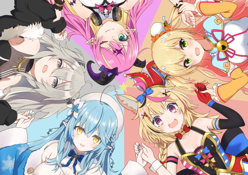 5girls :d absurdres animal_ears blonde_hair blush commentary demon_girl demon_horns elf fox_ears fox_girl grey_hair highres holding_hands holofive hololive horns lion_ears lion_girl long_hair looking_at_viewer lying mano_aloe momosuzu_nene momosuzu_nene_(old_design) multiple_girls nogi_(nogi238) omaru_polka omaru_polka_(1st_costume) on_back open_mouth pink_hair pointy_ears shishiro_botan shishiro_botan_(1st_costume) smile virtual_youtuber yukihana_lamy yukihana_lamy_(1st_costume)