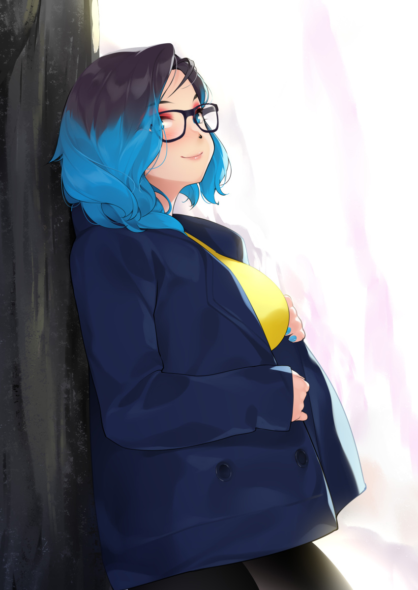 absurdres black-framed_eyewear black_hair blue_eyes blue_hair blush breasts eyeshadow female glasses highres jacket kopianget looking_at_viewer makeup medium_breasts multicolored_hair open_clothes open_jacket original shelby_seraphine short_hair smile solo two-tone_hair