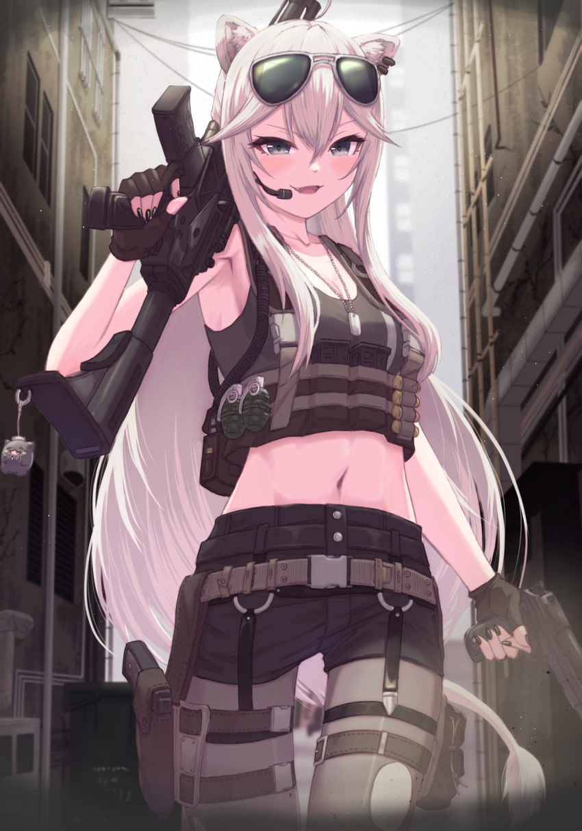 :d animal_ears black_nails bowsan buckle cowboy_shot dog_tags explosive eyewear_on_head female fingerless_gloves gloves grenade grey_eyes grey_pantyhose gun headset highres hololive holster holstered lion_ears lion_girl lion_tail long_hair looking_at_viewer nail_polish navel oerba_yun_fang official_alternate_costume official_alternate_hairstyle outdoors pantyhose pantyhose_under_shorts shishiro_botan shishiro_botan_(button-down) shorts smile snap-fit_buckle solo ssrb_(shishiro_botan) stomach sunglasses tail tank_top torn_clothes torn_pantyhose virtual_youtuber weapon weapon_on_back weapon_request white_hair