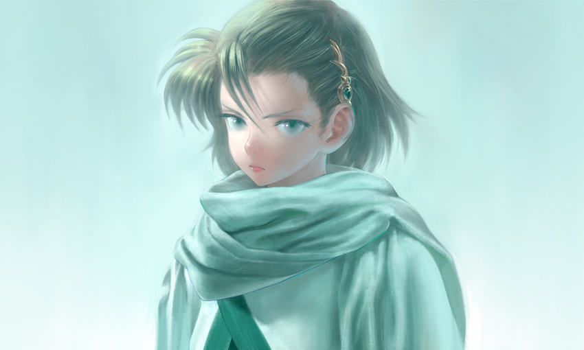 aqua_background aqua_eyes aqua_theme closed_mouth commentary_request diolemonde emerald_(yaiba) female gem gradient_background green_gemstone hair_ornament hairclip lips looking_at_viewer scarf short_hair solo upper_body yaiba