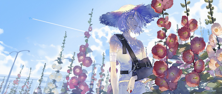 absurdres arm_sling bandaged_arm bandages cigarette cigarette_pack cloud contrail cumulonimbus_cloud eyepatch female flower grey_eyes hat highres holding holding_cigarette_pack hollyhock kurohal lamppost original outdoors plant red_flower short_hair sky smoke smoking solo straw_hat tank_top white_flower white_hair