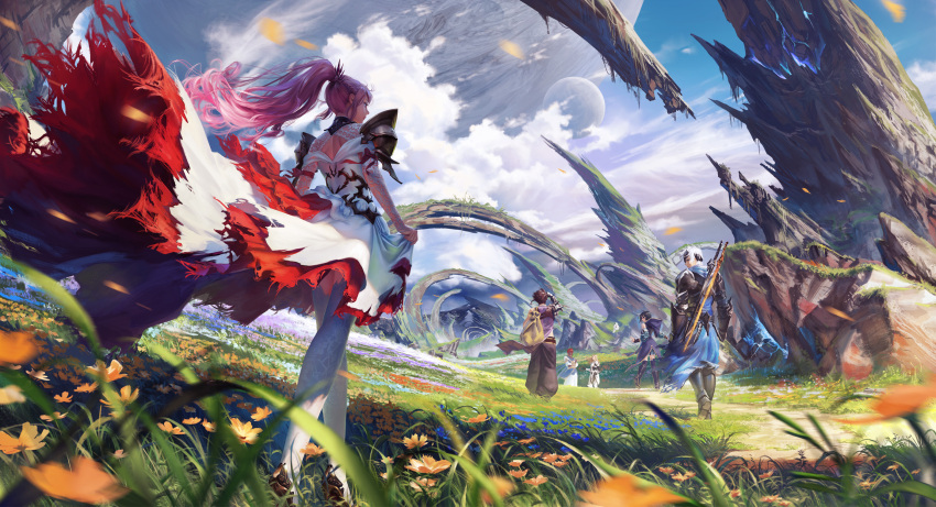 3boys 3girls alphen_(tales) armor armored_dress bird blue_sky broken_mask dohalim_(tales) dress from_behind fururu_(tales) highres kisara_(tales) lace_sleeves law_(tales) looking_back mask multiple_boys multiple_girls namako_mikan outdoors owl pink_hair planet ponytail rinwell_(tales) scenery shionne_(tales) shoulder_armor sky standing sword tales_of_(series) tales_of_arise walking weapon weapon_on_back