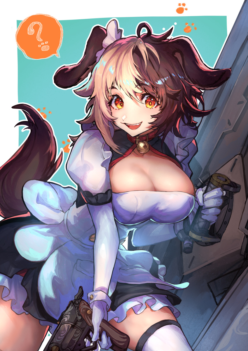 :3 ? animal_ears blonde_hair breasts brown_hair cleavage cleavage_cutout clothing_cutout dog_ears dog_girl dog_tail elbow_gloves female gloves gun hachiko_of_castling hair_between_eyes highres large_breasts last_origin looking_at_viewer multicolored_hair nijimaarc oerba_yun_fang open_mouth paw_print shield solo split-color_hair tail two-tone_hair weapon white_gloves