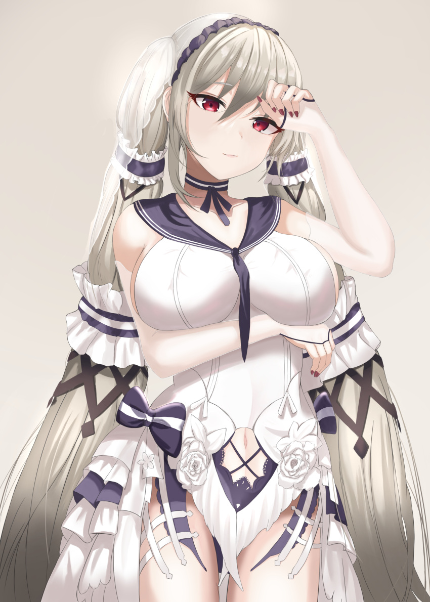 absurdres azur_lane breasts closed_mouth collarbone commentary dress elbow_gloves feet_out_of_frame female formidable_(azur_lane) formidable_(timeless_classics)_(azur_lane) gloves hair_ribbon hand_on_forehead highres korean_commentary large_breasts long_hair looking_at_viewer nail_polish navel official_alternate_costume partially_fingerless_gloves platinum_blonde_hair raurashun red_eyes red_nails ribbon simple_background solo standing twintails very_long_hair white_dress