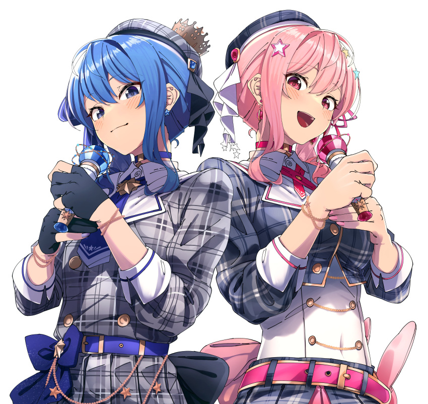 2girls absurdres anemachi ascot belt beret black_belt black_gloves black_jacket blue_ascot blue_belt blue_bow blue_choker blue_eyes blue_hair blue_nails blue_ribbon blush bow bracelet breasts choker collared_shirt covered_navel cowboy_shot cropped_jacket crown earrings gloves glowstick grey_beret grey_jacket grey_skirt hair_behind_ear hair_between_eyes hair_ribbon hat highres holding holding_microphone hololive hoshimachi_suisei hoshimachi_suisei_(1st_costume) jacket jewelry looking_at_viewer looking_down medium_breasts medium_hair microphone multiple_girls open_mouth partially_fingerless_gloves pendant pink_bow plaid plaid_headwear plaid_jacket plaid_skirt red_eyes ribbon shinomu_(cinomoon) shirt siblings side_ponytail sidelocks sisters skirt skirt_set smile star_(symbol) star_choker star_earrings star_in_eye symbol_in_eye virtual_youtuber white_background white_shirt