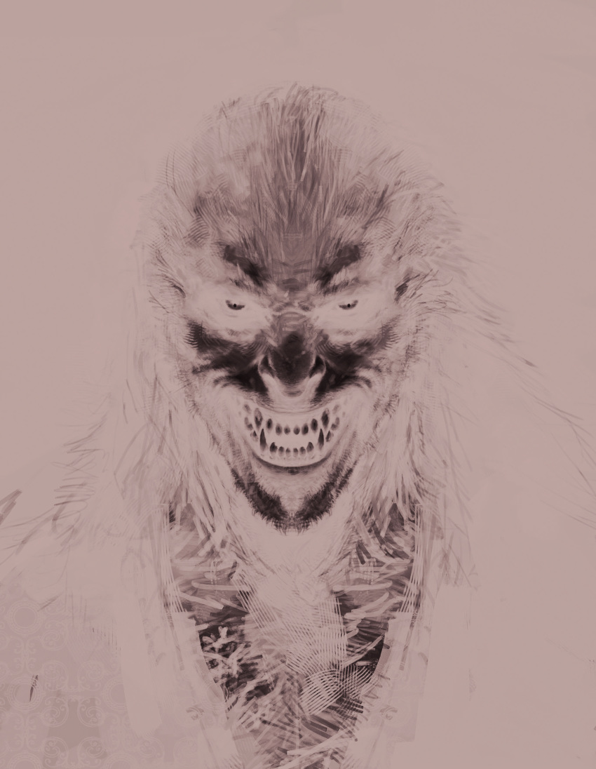 absurd_res bared_teeth black_background body_hair canid canine chest_hair concept_art creepy dark fenrir_greyback hairy harry_potter_(series) hi_res humanoid looking_at_viewer male mammal monochrome mythological_canine mythological_creature mythology nightmare_fuel official_art sharp_teeth simple_background solo teeth unknown_artist were werecanid werecanine werewolf