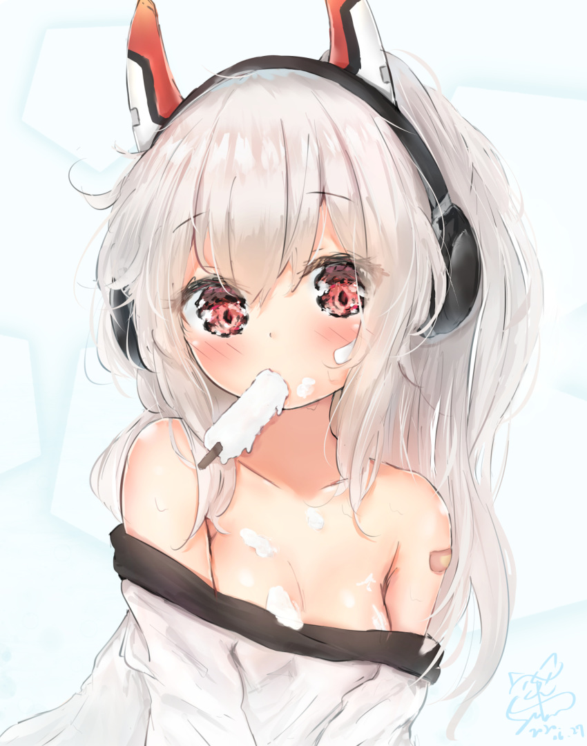 ayanami_(azur_lane) ayanami_(niconico)_(azur_lane) azur_lane bandaid bandaid_on_face bare_shoulders blush breasts cleavage dirty female food headgear headphones highres long_hair mouth_hold off_shoulder official_alternate_costume ponytail popsicle red_eyes seboneko shirt small_breasts solo upper_body white_hair white_shirt