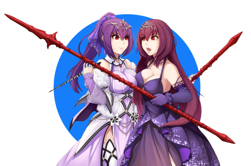 2girls bad_id bad_pixiv_id bare_shoulders breast_press breasts commentary_request dress dual_persona elbow_gloves fate/grand_order fate_(series) gae_bolg_(fate) gloves hair_between_eyes hair_ribbon holding holding_polearm holding_wand holding_weapon large_breasts long_hair multiple_girls noir_(4chan) open_mouth polearm ponytail purple_dress purple_gloves purple_hair red_eyes ribbon scathach_(fate) scathach_(formal_dress)_(fate) scathach_skadi_(fate) scathach_skadi_(third_ascension)_(fate) smile spear symmetrical_docking thighhighs tiara wand weapon white_legwear