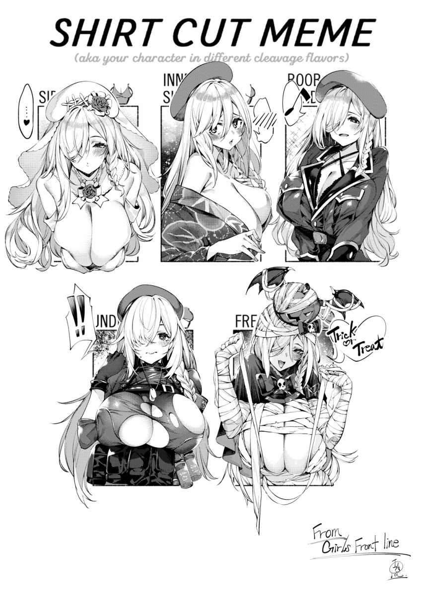 ! !! bandages beret braid breasts center_opening chart cleavage_cutout clothing_cutout english_text female g36c_(burning-eyed_g36c)_(girls'_frontline) g36c_(girls'_frontline) g36c_(ode_to_summer)_(girls'_frontline) g36c_(red_beret)_(girls'_frontline) g36c_(you_who_steps_up)_(girls'_frontline) girls'_frontline greyscale hair_over_one_eye hat heart highres huge_breasts iapoc long_hair meme monochrome multiple_drawing_challenge official_alternate_costume shirt_cut_meme side_braid sideboob speech_bubble spoken_heart torn_clothes