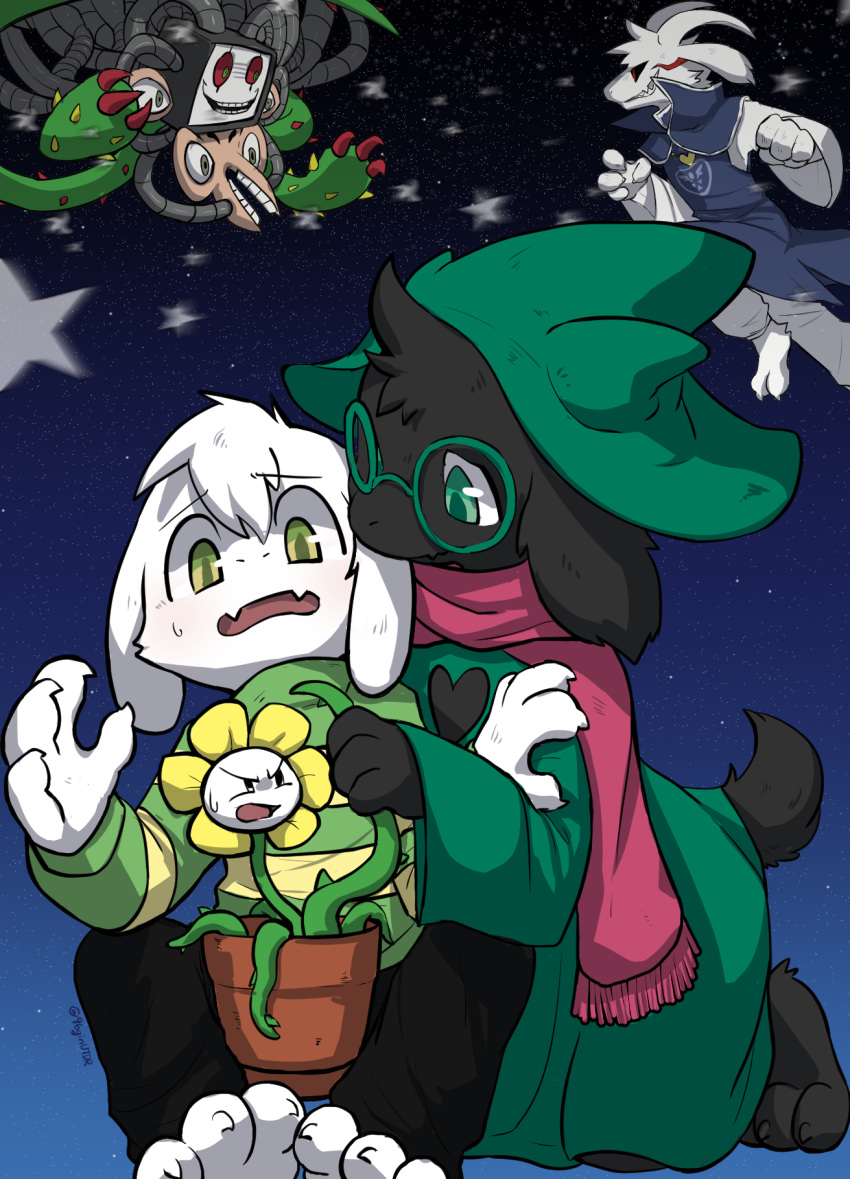 anthro asriel_dreemurr asriel_dreemurr_(god_form) boss_monster_(undertale) bovid caprine deltarune flowey_the_flower goat group hi_res kurogin_(artist) male mammal photoshop_flowey ralsei undertale undertale_(series)