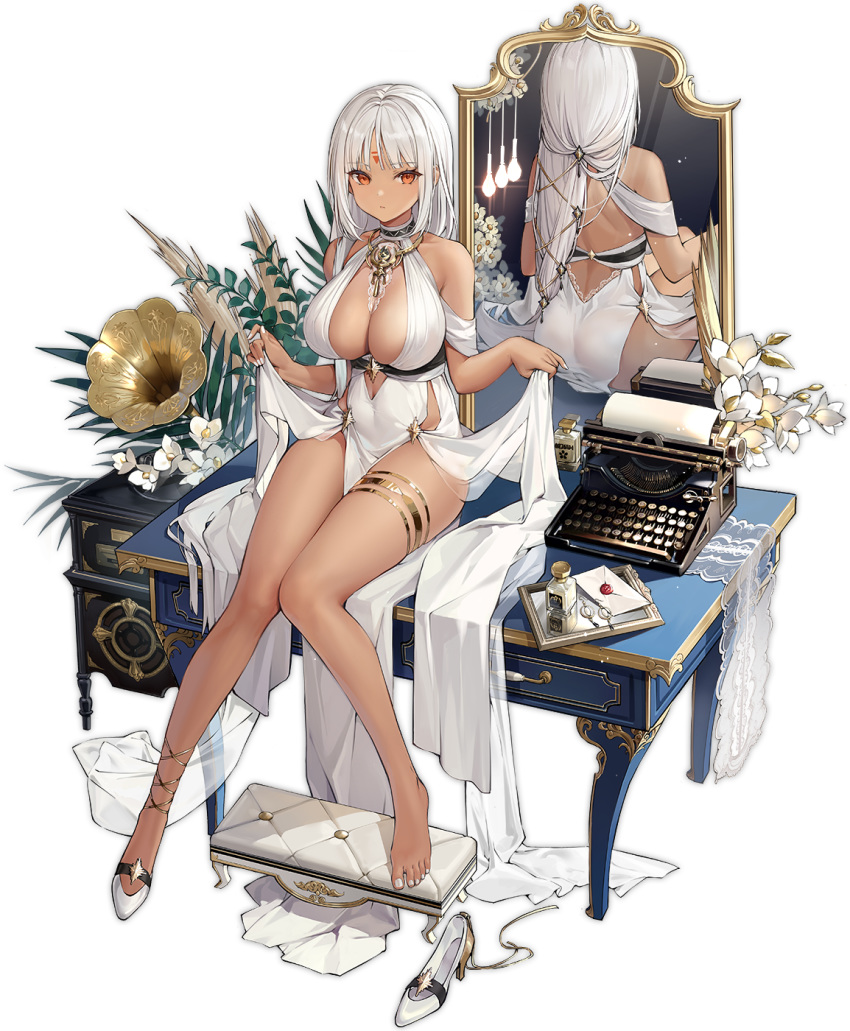 ass azur_lane back bare_shoulders barefoot blush body_markings bottle breasts center_opening choker cleavage closed_mouth dark-skinned_female dark_skin dress facial_mark feet female flower forehead_mark full_body halter_dress halterneck highres jewelry kurumi_(recycllamo) large_breasts legs letter lifting_own_clothes long_hair looking_at_viewer massachusetts_(azur_lane) massachusetts_(dressed_to_impress)_(azur_lane) mirror multiple_views official_alternate_costume official_art open_mouth phonograph plant red_eyes reflection see-through shoes single_shoe sitting sleeveless sleeveless_dress smile soaryuna thighlet transparent_background typewriter white_dress white_flower white_footwear white_hair