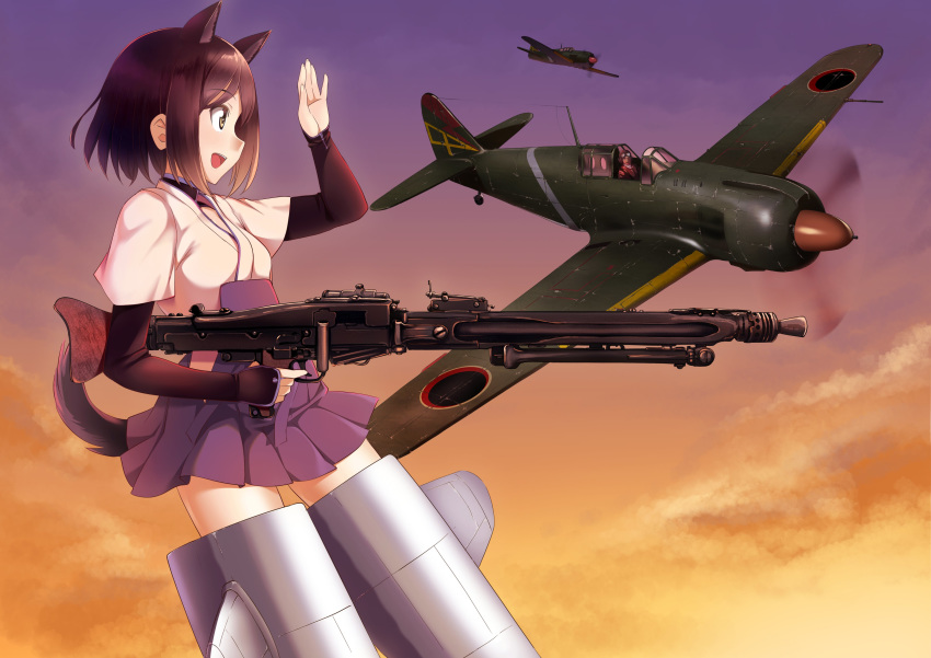 1other a9b_(louis814) absurdres animal_ears black_eyes black_hair black_shirt blue_skirt bob_cut cloud cloudy_sky commentary dog_ears dog_girl dog_tail female flying gradient_sky gun hakama hakama_short_skirt hakama_skirt highres holding holding_gun holding_weapon japanese_clothes kuroda_kunika layered_sleeves long_sleeves looking_at_another machine_gun mg42 noble_witches open_mouth orange_sky outdoors pilot_suit pleated_skirt purple_sky roundel science_fiction shirt short_hair short_over_long_sleeves short_sleeves skirt sky smile striker_unit tail twilight waving weapon white_shirt world_witches_series