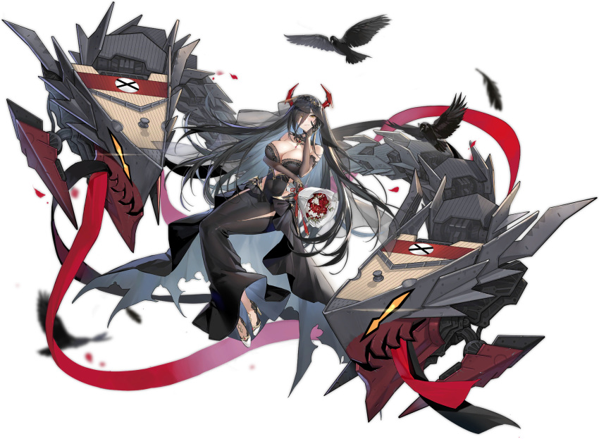 animal azur_lane bare_shoulders bird black_dress black_gloves black_hair blurry blush bouquet breasts bridal_veil cleavage closed_mouth column crow dress elbow_gloves female flower friedrich_der_grosse_(azur_lane) friedrich_der_grosse_(zeremonie_of_the_cradle)_(azur_lane) full_body gloves hair_over_one_eye high_heels highres holding holding_bouquet horns indoors jewelry large_breasts long_hair looking_at_viewer machinery mechanical_horns monster official_alternate_costume official_art pillar red_flower red_horns shoes smile soaryuna solo transparent_background underboob veil very_long_hair wedding_dress white_flower white_footwear window yellow_eyes