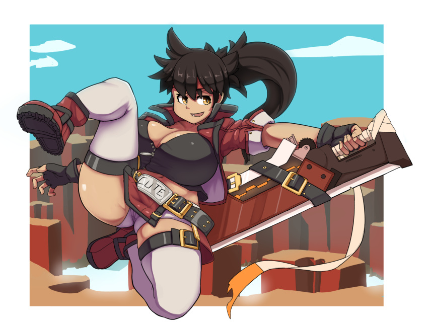 attack belt belt_buckle black_gloves black_hair breasts buckle cleavage dustloop female fingerless_gloves genderswap_(mtf) gloves guilty_gear guilty_gear_strive headband holding holding_sword holding_weapon jacket jumping large_breasts long_hair loose_belt meme open_mouth pelvic_curtain popped_collar red_jacket reverse_grip rule_63 sakanadaze short_shorts shorts sleeves_pushed_up smile sol_badgal sol_badguy solo sword tan thigh_strap thighhighs weapon white_thighhighs