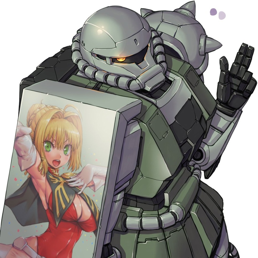 amania_orz blonde_hair cape catharine_blitzen catharine_blitzen_(cosplay) commission cosplay decal fate/extra fate_(series) female from_above green_eyes gundam gundam_card_builder hand_on_own_chest itasha leotard looking_to_the_side mecha mobile_suit_gundam nero_claudius_(fate) nero_claudius_(fate/extra) one-eyed orange_eyes red_leotard robot uniform v-shaped_eyebrows white_background zaku_ii zeon