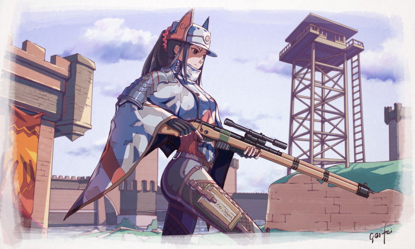 absurdres animal_hat armor artist_name black_hair bolt_action brown_eyes camouflage cape cat_hat character_name cloud cowboy_shot day female fingerless_gloves fliegend gloves grass gun hat highres holding holding_gun holding_weapon kai_schren military military_uniform official_style outdoors rifle scope scrunchie senjou_no_valkyria_(series) senjou_no_valkyria_4 shoulder_armor signature skin_tight sky sniper_rifle solo stone_wall tower trigger_discipline uniform wall watchtower weapon