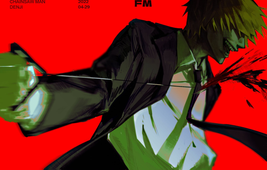 1boy black_coat black_necktie black_suit blonde_hair blood blood_splatter blood_spray chainsaw_man coat crazy denji_(chainsaw_man) femmerquq formal highres male_focus necktie open_mouth pulling red_background sharp_teeth simple_background smile solo suit teeth