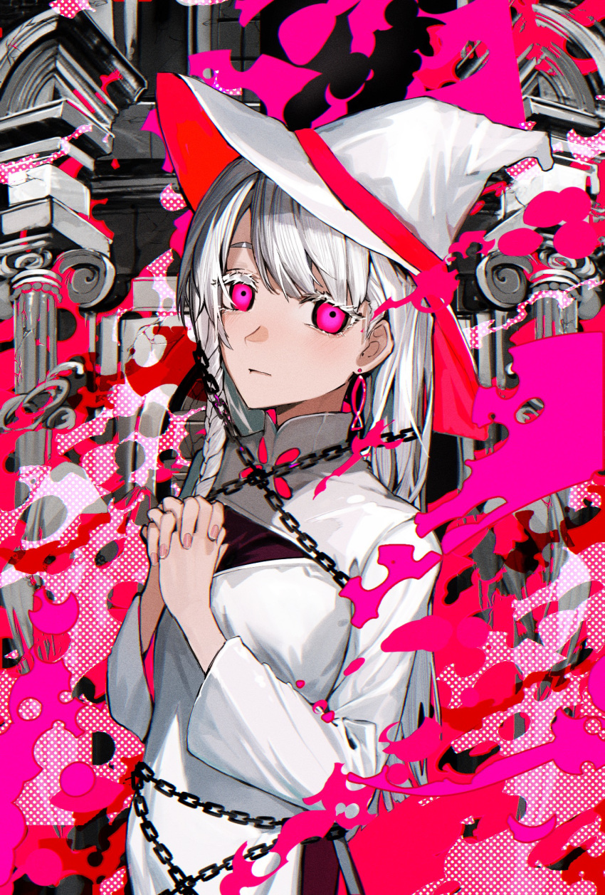 braid breasts burning burning_at_the_stake chains cleavage_cutout closed_mouth clothing_cutout collared_dress colored_eyelashes commentary crack dress earrings eyelashes female fingernails fire fish_earrings hands_up hat highres interlocked_fingers jewelry layered_clothes long_hair long_sleeves looking_at_viewer lower_(vocaloid) own_hands_clasped own_hands_together pillar pink_eyes pink_fire pink_theme restrained side_braid side_slit single_braid solo two-sided_fabric unrefle upper_body white_dress white_hair white_hat witch witch_hat