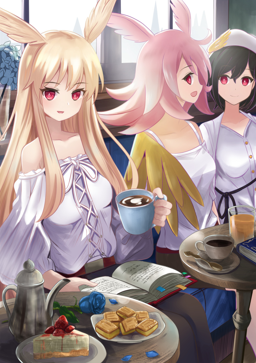 3girls :d bad_id bad_pixiv_id bare_shoulders black_hair black_skirt blonde_hair blue_flower blue_rose book breasts chair coffee coffee_mug collarbone commentary cup fate/grand_order fate_(series) flower food fruit head_wings highres hildr_(fate) long_hair long_skirt manjirou_(manji_illust) medium_breasts medium_hair miniskirt mug multiple_girls off-shoulder_shirt off_shoulder open_mouth ortlinde_(fate) pink_hair plate red_eyes rose shirt short_hair sitting skirt sleeveless sleeveless_shirt smile spaghetti_strap spoon strawberry table thrud_(fate) valkyrie_(fate) very_long_hair white_headwear white_shirt wings