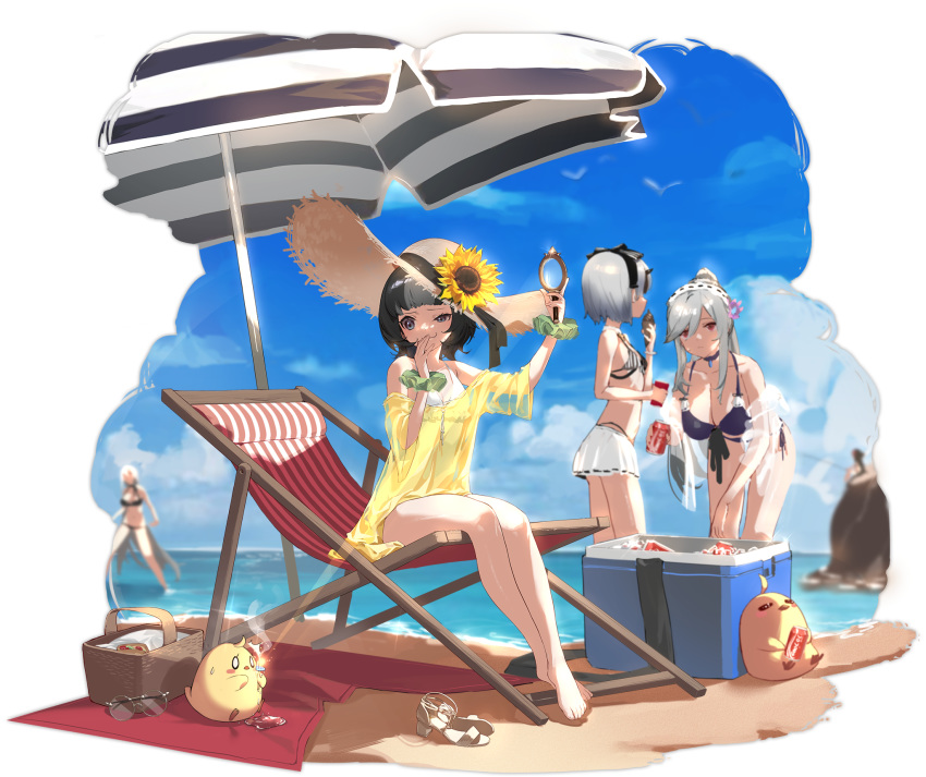 3girls animal_abuse asymmetrical_hair azur_lane barefoot bearn_(azur_lane) bearn_(summer_lifeguard)_(azur_lane) bikini black_hair blue_eyes breasts butterfly_hair_ornament choker cleavage closed_mouth coca-cola dunkerque_(azur_lane) dunkerque_(summer_sucre)_(azur_lane) eskimo_(azur_lane) eskimo_(parkaless_prankster)_(azur_lane) expressions flower from_side front-tie_bikini_top front-tie_top full_body grey_hair hair_ornament hat headdress highres holding large_breasts leaning_forward magnifying_glass manjuu_(azur_lane) medium_hair multicolored_hair multiple_girls official_alternate_costume official_art outdoors purple_bikini see-through shisantian short_hair sitting skirt small_breasts smile standing sun_hat sunflower swimsuit toes transparent_background water white_skirt